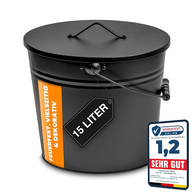 A matt black 15 litre ash bucket with a wooden handle grip and a close-fitting lid