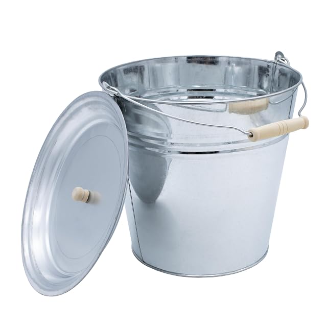 A silver decorative zinc bucket with a lid and a riveted wooden carrying handle