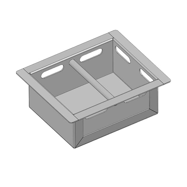 A galvanised steel ash pan drawer with a handle, 222 by 182 by 80 millimetres