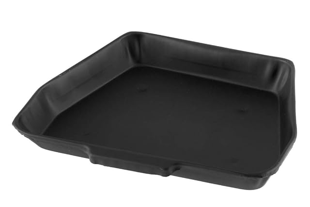A shallow black ash pan measuring 28 by 21 centimetres and 3 centimetres deep