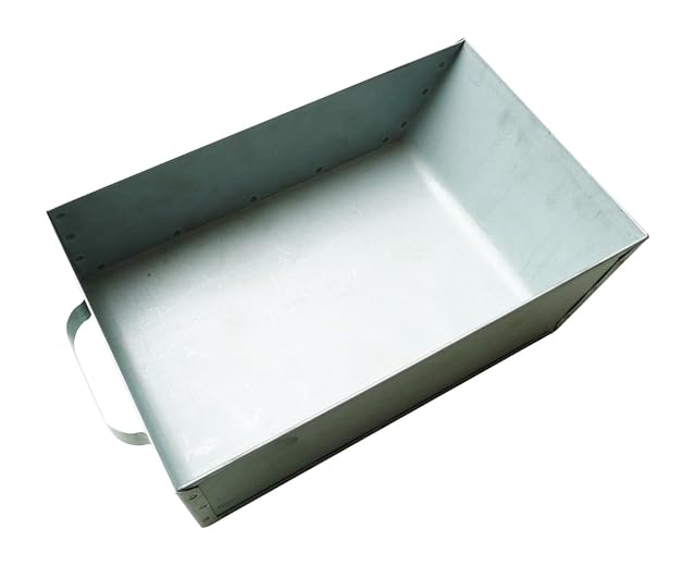 A silver galvanised steel ash pan measuring 30 by 19 centimetres and 8 centimetres deep