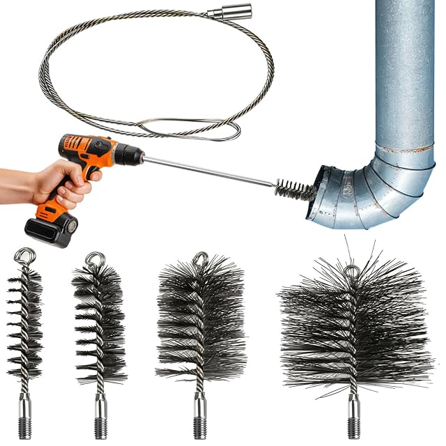 A five-piece flue brush set with four heads and a one metre stainless steel push rod