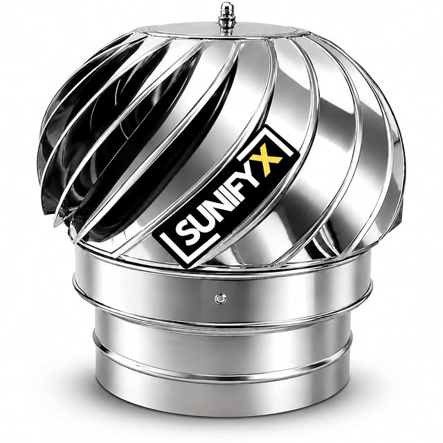A stainless steel wind-driven rotating chimney cowl of 180 millimetres