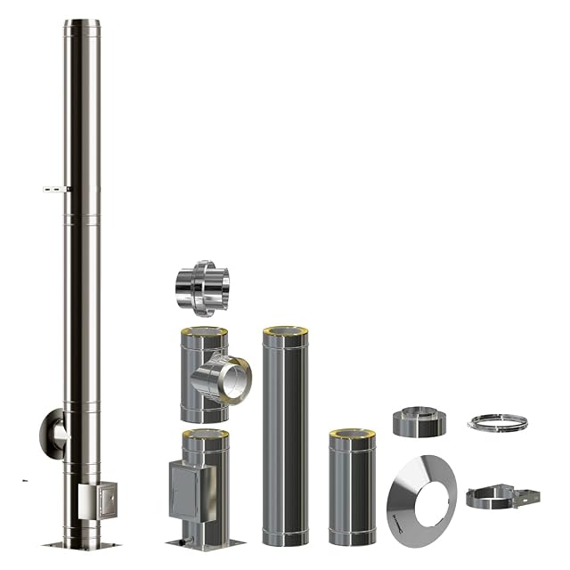 A high-gloss stainless twin-wall chimney kit of 120 millimetres inside diameter, 3.7 metres long