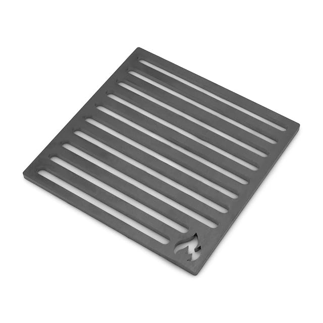 A square stove grate cut from a single piece of 8 millimetre steel plate, 22 by 22 centimetres