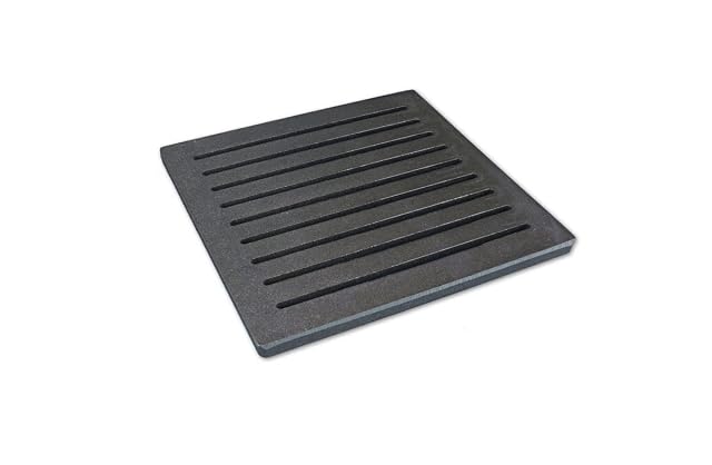 A square cast iron fire grate measuring 22 by 22 centimetres and 12 millimetres thick
