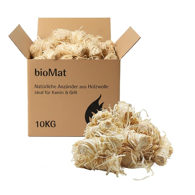 A 10 kg pack of hand-made FSC wood wool firelighters about 55 millimetres long soaked in wax