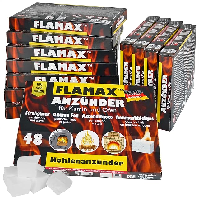Packs of FLAMAX pressed firelighter cubes, forty-eight cubes to a pack
