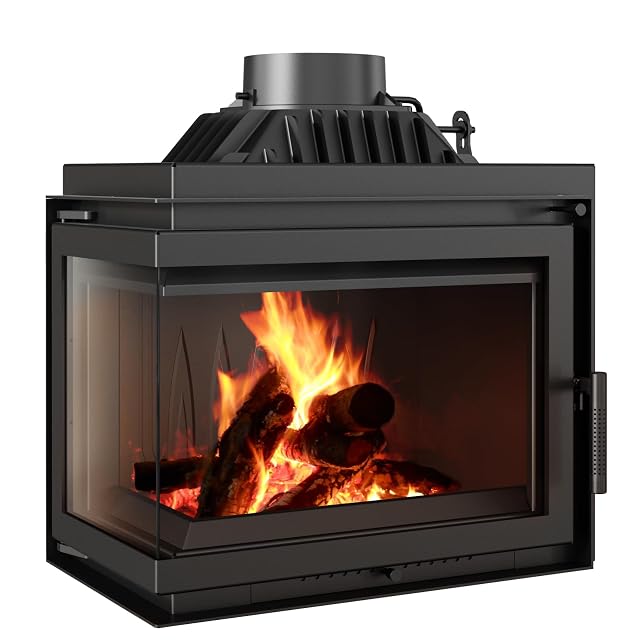 Black cast iron Kratki Simple corner fireplace insert with glass on two adjacent sides