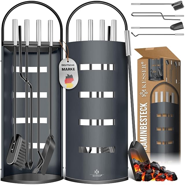 An anthracite five-piece fireplace tool set with hook, tongs, brush, shovel and screened stand