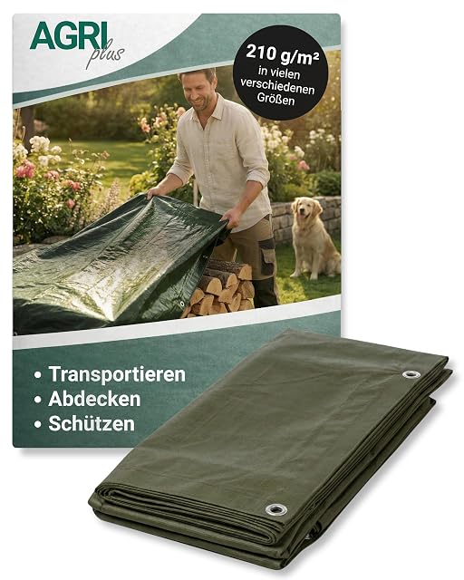 A long 1.5 by 6 metre green firewood tarpaulin with reinforced edges and metal eyelets