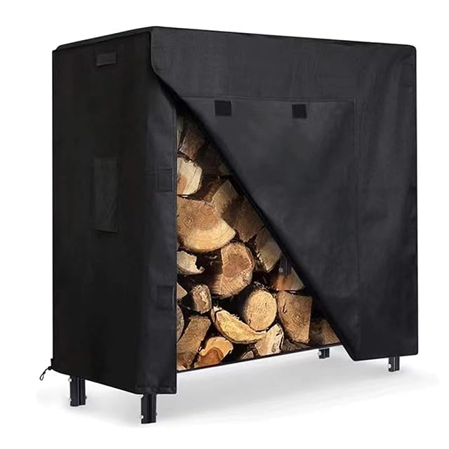 A black fitted firewood rack cover of 210D Oxford fabric with side ventilation openings