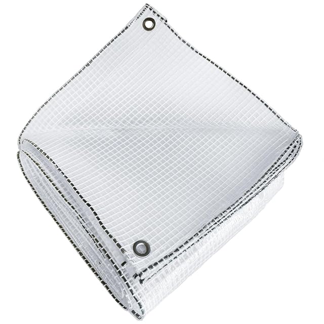 A transparent reinforced 3 by 4 metre tarpaulin with a scrim grid and aluminium eyelets