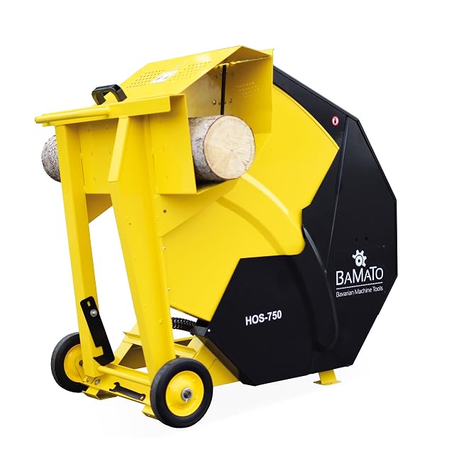 A rocker saw for firewood with rubber tyres, a transport handle and a 700 millimetre carbide blade