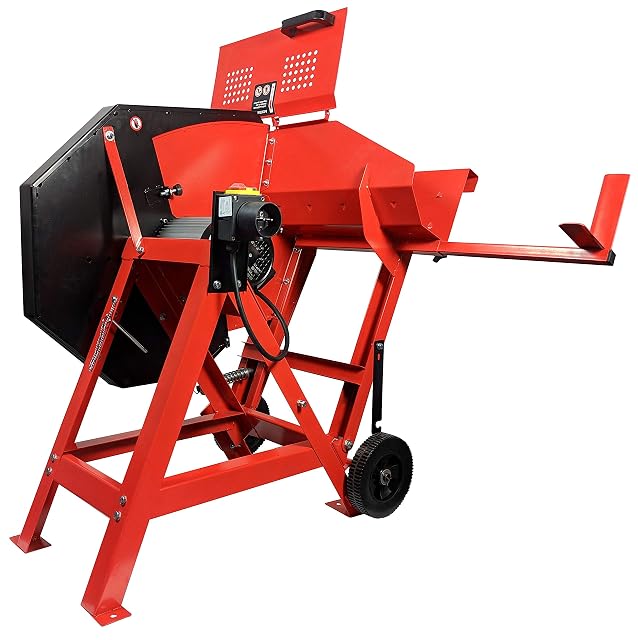 A 500 millimetre rocker circular saw for firewood with a 230 volt motor and a length stop
