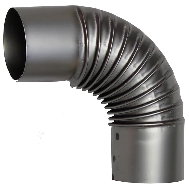 A black steel 90 degree stove pipe elbow of 120 millimetres