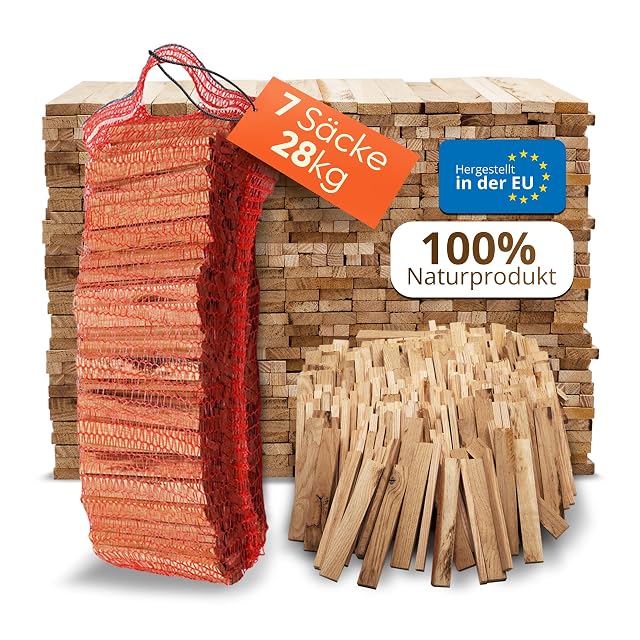 Mesh sacks of four kilograms of oak kindling with carry handles, twenty-eight kilograms in total