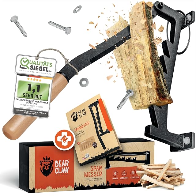BearClaw wall-mounted kindling splitter in black carbon steel with a beech handle and a securing ring