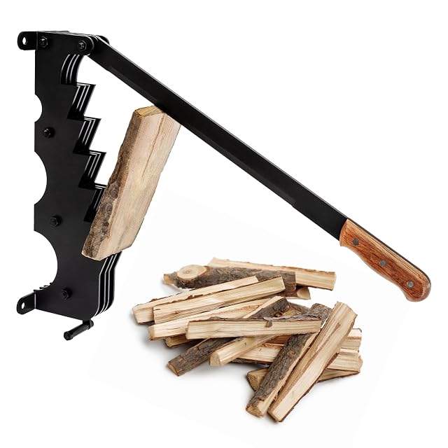 ECD Germany cast iron kindling splitter with a notched blade mounted against a wall