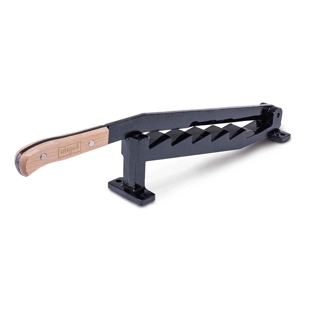 Scheppach cast iron kindling splitter with a wooden handle and stepped positioning ledges