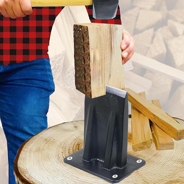 Black powder-coated cast iron splitting wedge bolted to a wooden block with a safety cap fitted