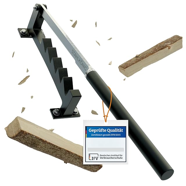 Stahlkönig wall-mounted kindling splitter with a bright nickel-plated blade and a long handle