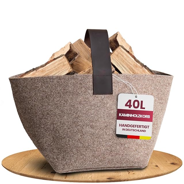 A beige wool felt log basket of 40 litres with a real leather handle and a square body