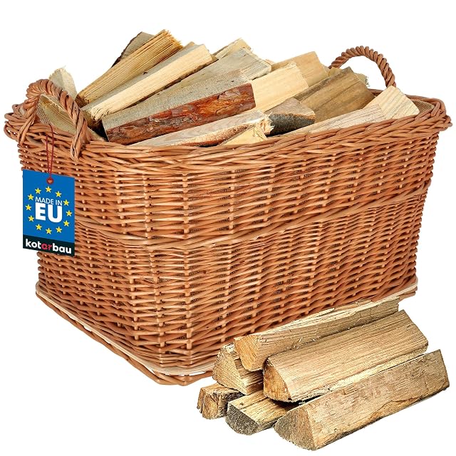 A large natural willow log basket with a handle, sixty by fifty centimetres