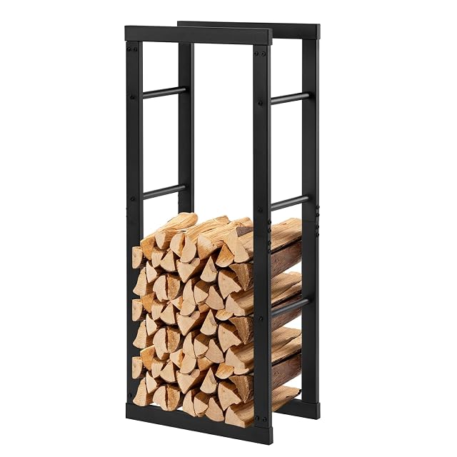 A black matt metal log rack a metre long with side crossbars and a raised base
