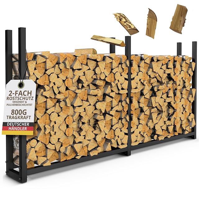 A long outdoor metal log rack of 223 centimetres in galvanised and powder-coated steel