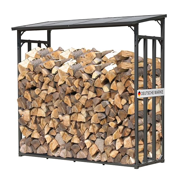 A large anthracite steel log store with a sloping polycarbonate roof, 185 centimetres wide