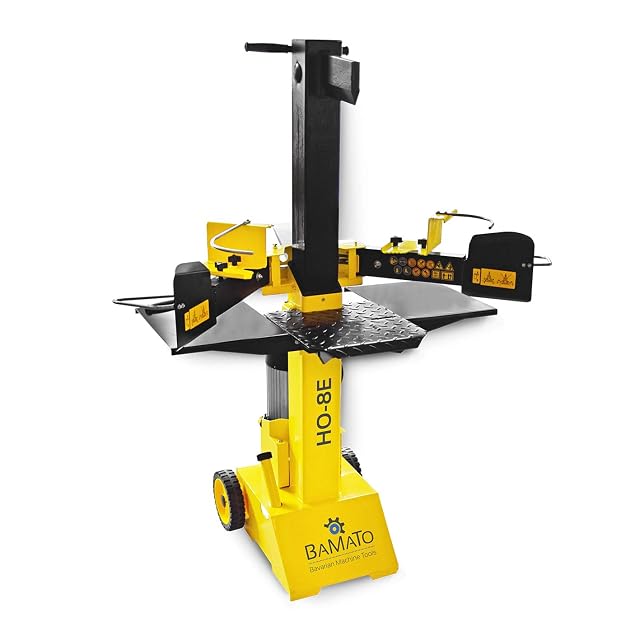Bamato vertical log splitter with folding support tables and a wheeled chassis