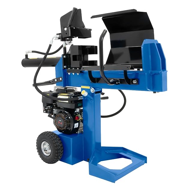 T-Mech petrol log splitter with a petrol engine, a safety cage and large rubber tyres