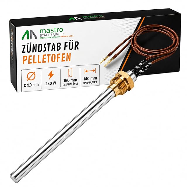 A pellet stove igniter rod of 9.9 millimetres diameter with a G 3/8 inch threaded brass fitting and silicone cable