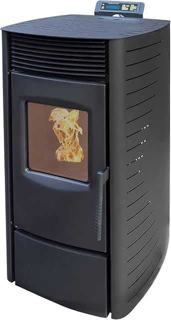 Black Nemaxx P9 pellet stove with a multifunction display above a tall firebox window