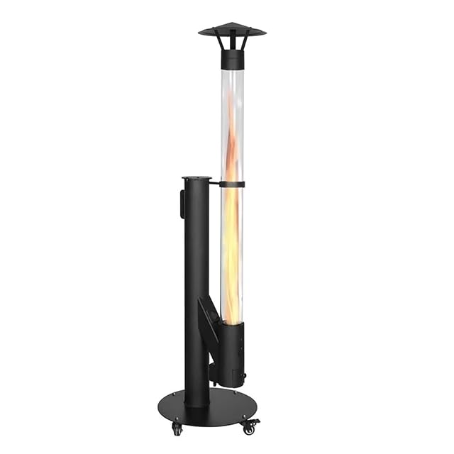 Black cylindrical QH HeatRocket P07 pellet stove standing on castor wheels