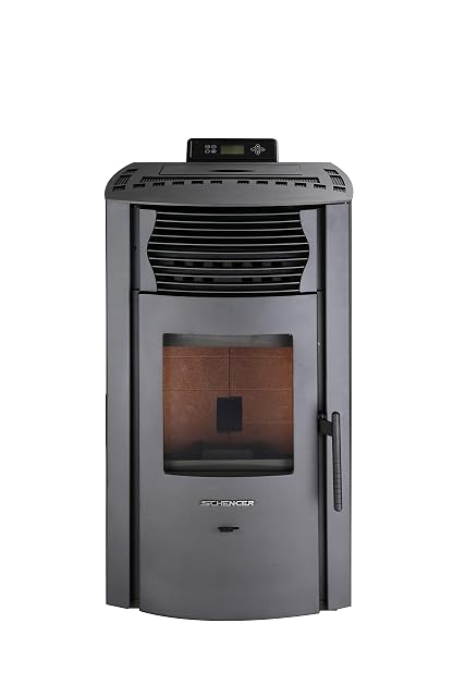 Black Schenger HP51 pellet stove with a control panel above a rectangular firebox window