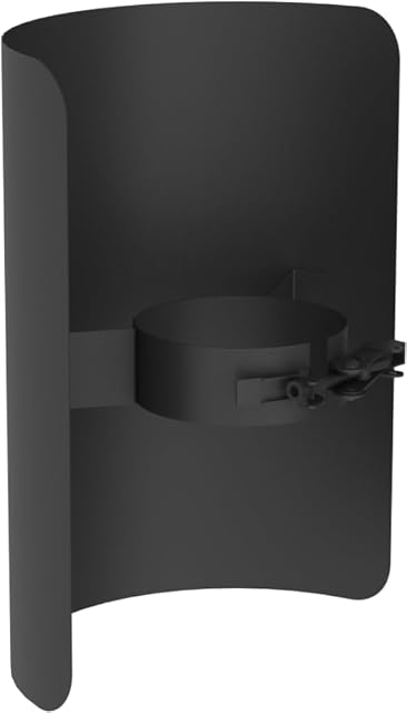 A black 250 millimetre radiation shield for an 80 millimetre pellet stove flue pipe