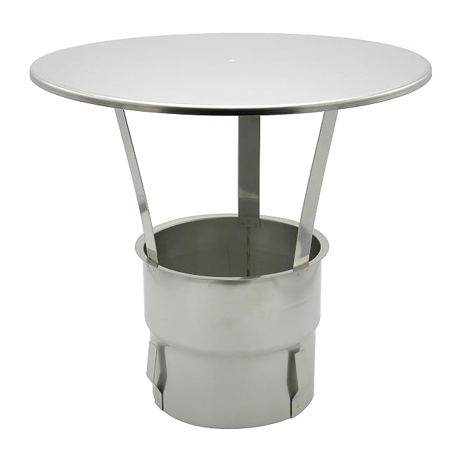 A stainless steel push-in chimney rain hood with spring clips on its insertion tube