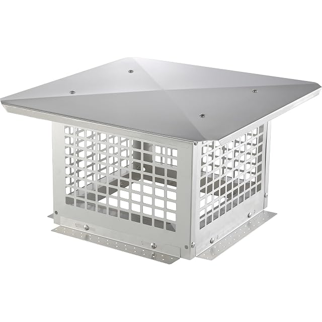 A square stainless steel chimney cap of 416 millimetres with mesh sides and pre-drilled mounting holes