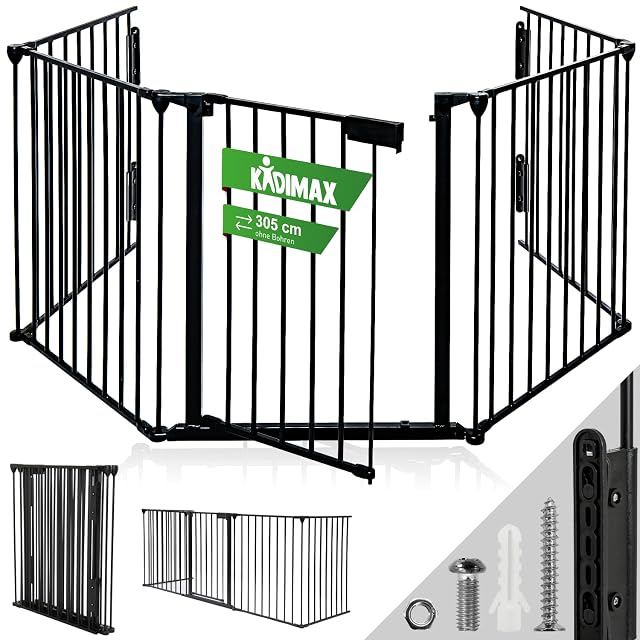 A black five-element folding fireplace barrier three metres long with an integrated door