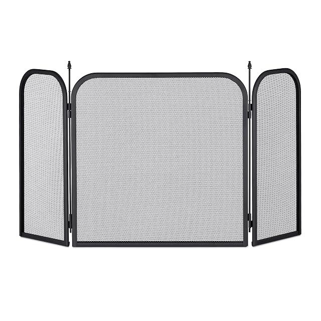 A black three-panel fine mesh fireplace spark screen 52.5 centimetres high and 97 wide