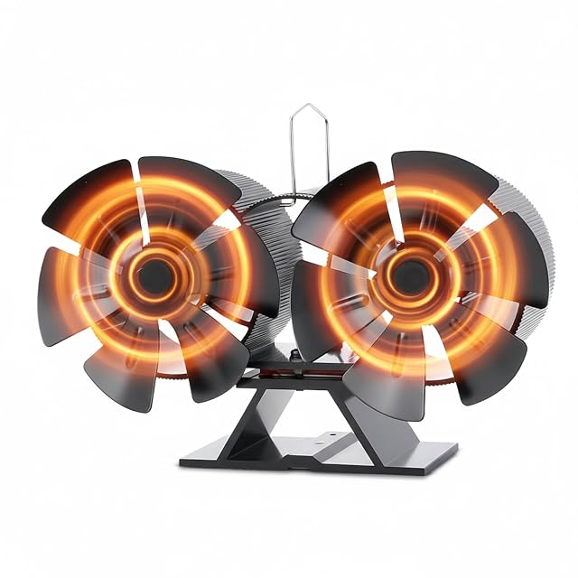 Anodised aluminium Ambesty stove fan with two blade assemblies side by side on a single base