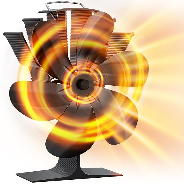 Black DZKKIUR stove fan with six aluminium blades standing on a stove top