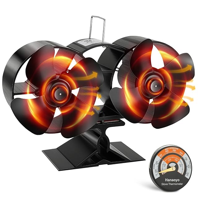 Anodised aluminium Hanaoyo stove fan with eight blades on two motors and a magnetic stove thermometer