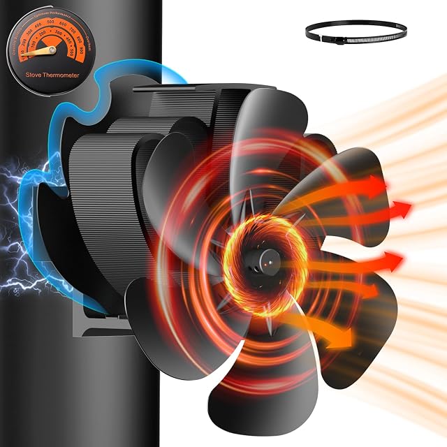 Black Hjh magnetic stove fan clamped to a vertical flue pipe with a magnetic thermometer beside it