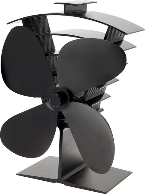 Compact black Valiant Premium 4 stove fan with four blades on a low aluminium body