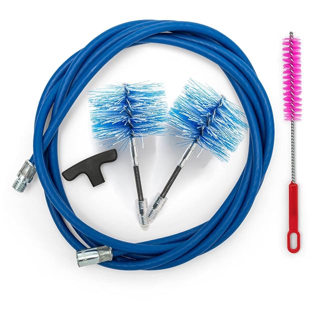 A pellet stove cleaning set with two articulated FLEX nylon brushes of 80 and 100 millimetres
