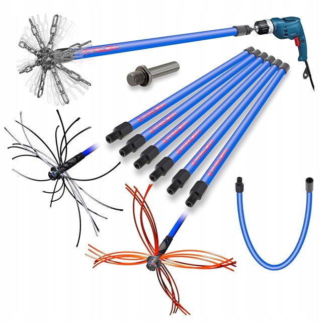 A rotary chimney cleaning set with chain, steel and nylon heads and ten metres of polyamide rod