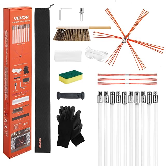 A chimney cleaning set with a rectangular nylon brush head and ten metres of flexible rod